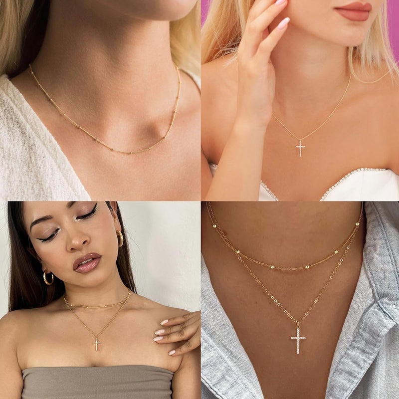 Poxtex Layered Necklaces for Women Gold Cross Necklaces for Women Stack Diamond Cross Pendant Necklaces 2Pcs Small Cuban Link Chain Gold Jewelry Set - Image 3