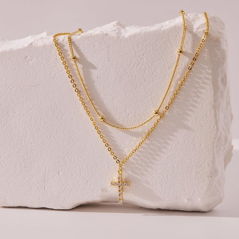 Poxtex Layered Necklaces for Women Gold Cross Necklaces for Women Stack Diamond Cross Pendant Necklaces 2Pcs Small Cuban Link Chain Gold Jewelry Set - Image 2