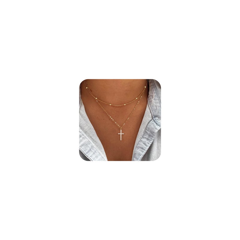 Poxtex Layered Necklaces for Women Gold Cross Necklaces for Women Stack Diamond Cross Pendant Necklaces 2Pcs Small Cuban Link Chain Gold Jewelry Set - Image 1