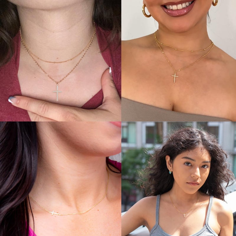 Poxtex Layered Necklaces for Women Gold Cross Necklaces for Women Stack Diamond Cross Pendant Necklaces 2Pcs Small Cuban Link Chain Gold Jewelry Set - Image 4