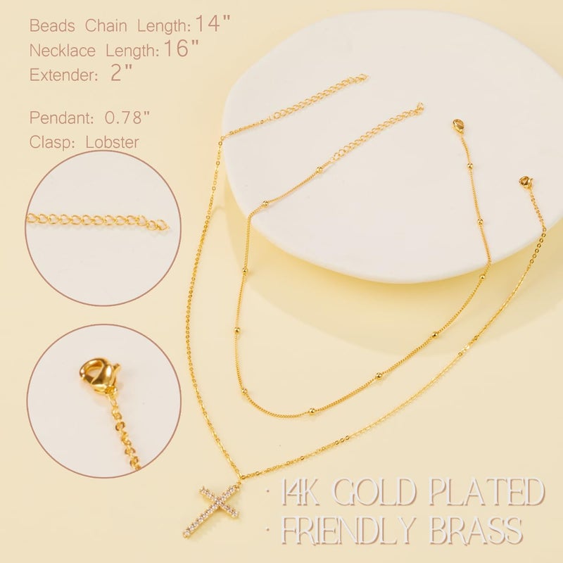 Poxtex Layered Necklaces for Women Gold Cross Necklaces for Women Stack Diamond Cross Pendant Necklaces 2Pcs Small Cuban Link Chain Gold Jewelry Set - Image 5