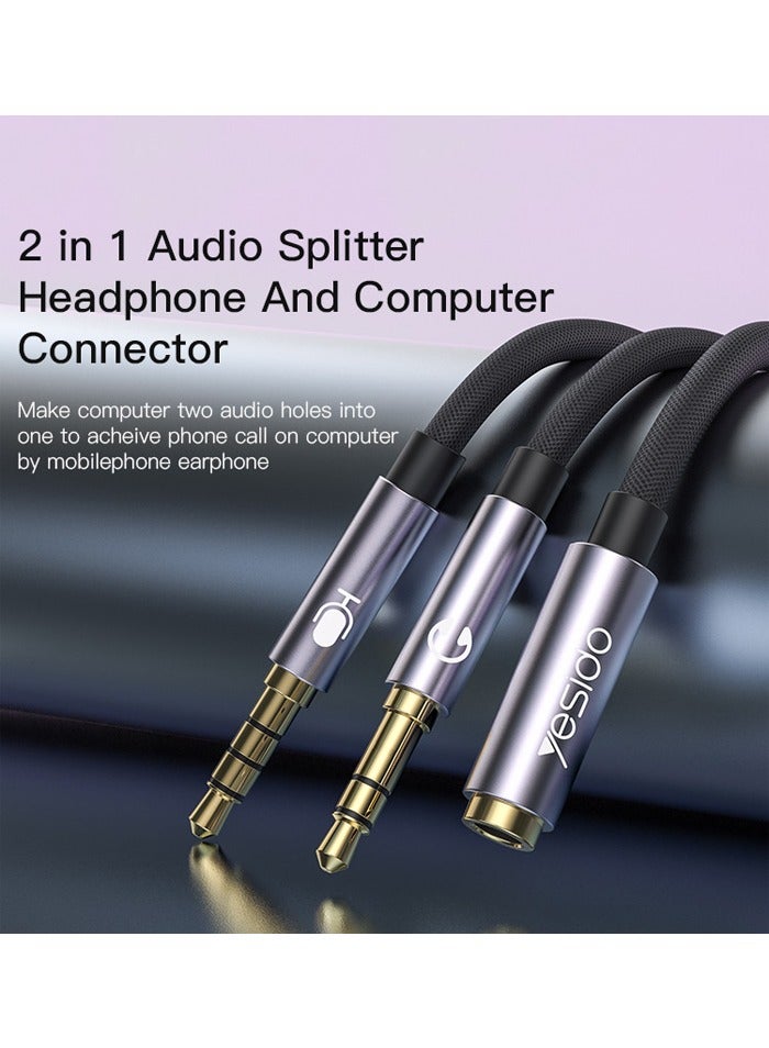 Yesido YAU29 Nylon Braided 3.5mm Female Port Splitter To 3.5mm Dual Male Earphone And Microphone Plug Audio Cable Black - Image 2