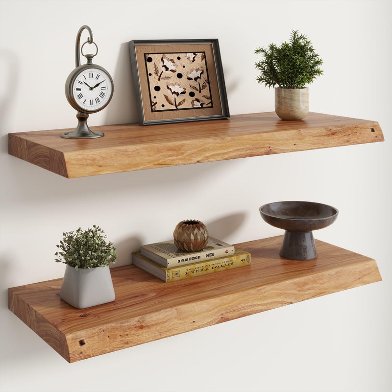 RICHFOCUS Live Edge Elm Floating Shelves - 30" W x 9.3" D Rustic Solid Wood Wall Shelves with Invisible Bracket, Wall-Mounted for Living Room, Bedroom, Kitchen Storage & Display, Set of 2, Natural - Image 1