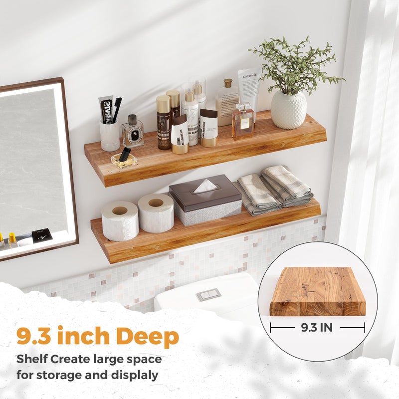 RICHFOCUS Live Edge Elm Floating Shelves - 30" W x 9.3" D Rustic Solid Wood Wall Shelves with Invisible Bracket, Wall-Mounted for Living Room, Bedroom, Kitchen Storage & Display, Set of 2, Natural - Image 5
