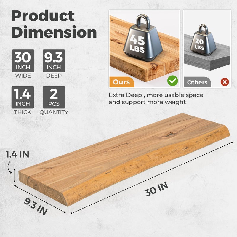 RICHFOCUS Live Edge Elm Floating Shelves - 30" W x 9.3" D Rustic Solid Wood Wall Shelves with Invisible Bracket, Wall-Mounted for Living Room, Bedroom, Kitchen Storage & Display, Set of 2, Natural - Image 2