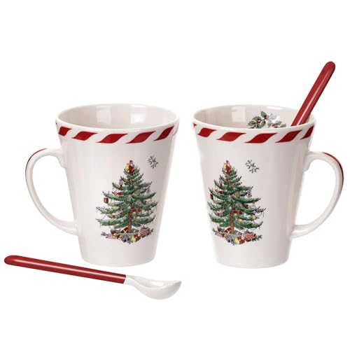 Spode Christmas Tree Peppermint 14oz Mug & Spoon Set (4-Piece) - Festive Earthenware with Candy Cane Motif, Mug for Hot Chocolate, Coffee, Holiday Mornings - Christmas Drinkware - Image 1