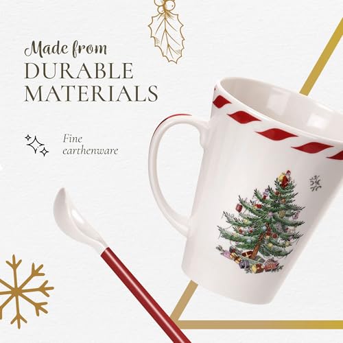 Spode Christmas Tree Peppermint 14oz Mug & Spoon Set (4-Piece) - Festive Earthenware with Candy Cane Motif, Mug for Hot Chocolate, Coffee, Holiday Mornings - Christmas Drinkware - Image 5