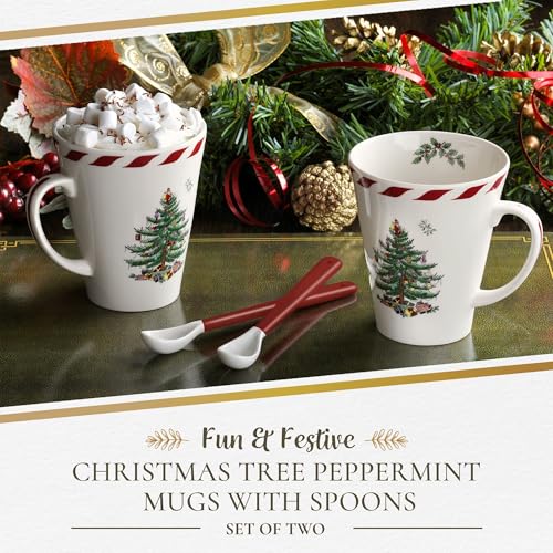 Spode Christmas Tree Peppermint 14oz Mug & Spoon Set (4-Piece) - Festive Earthenware with Candy Cane Motif, Mug for Hot Chocolate, Coffee, Holiday Mornings - Christmas Drinkware - Image 3