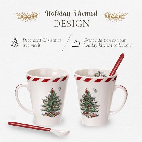 Spode Christmas Tree Peppermint 14oz Mug & Spoon Set (4-Piece) - Festive Earthenware with Candy Cane Motif, Mug for Hot Chocolate, Coffee, Holiday Mornings - Christmas Drinkware - Image 4