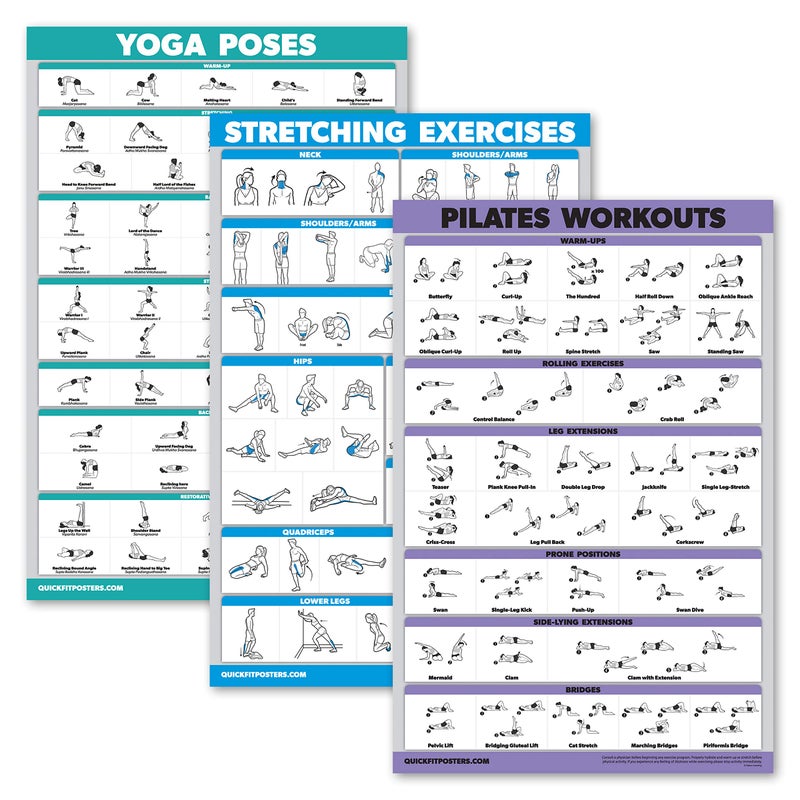 Palace Learning QUICKFIT 3 Pack  Yoga Poses  Stretching Exercises  Pilates Mat Work Poster Set  Set of 3 Workout Charts Laminated 18 x 27