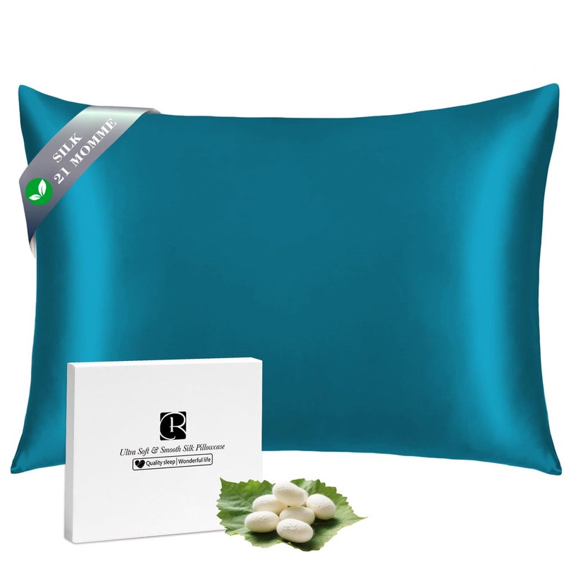 Ravmix Silk Pillow Cases with Zipper, 21momme Mulberry Silk Pillowcase for Hair Skin Health, Soft Smooth Breathable Cool Pillow Cover for Beauty Sleep with Gift Box 1PC(Standard 20"x26", Peacock Blue) - Image 1