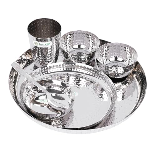 Coconut Stencil Stainless Steel Dinner Set with Side Hammered Design for Multipurpose Usage Lunch | Dinner | Kitchen Set for Home | Resturants - Set of 7 - Image 1