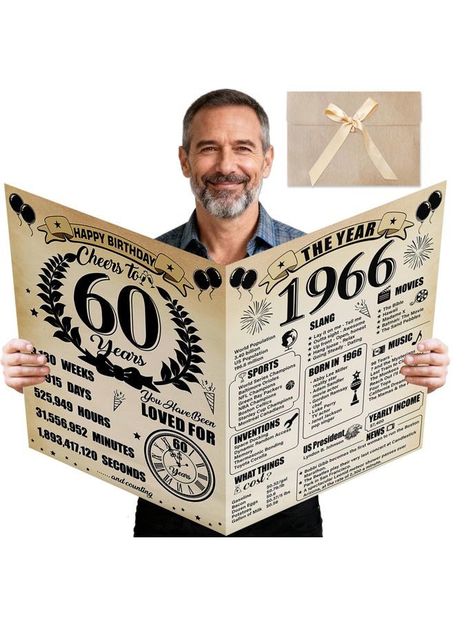 Uiorgui Large 60th Birthday Cards for Men Women, Vintage 1966 Happy 60th Birthday Greeting Card with Envelope Jumbo Sixty Guest Book Cheers to 60 Years Decorations Gifts Party Supplies - Image 1