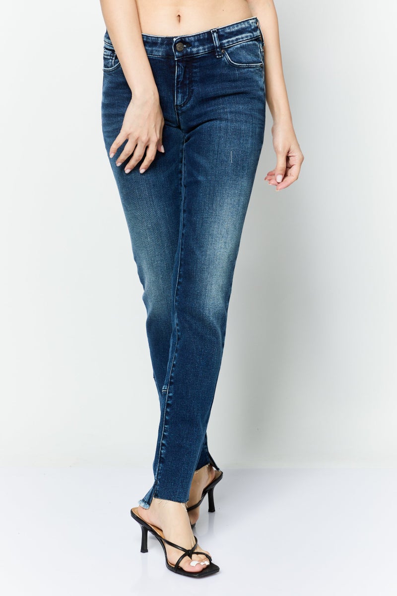 armani AX Armani Exchange Women Skinny Fit Low Rise Straight Leg Stretch Jeans, Navy - Image 1