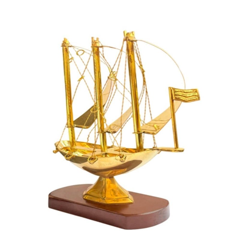 Decorative Brass Ship Model with Wooden Base Maritime Nautical Desk Decor  - Image 3