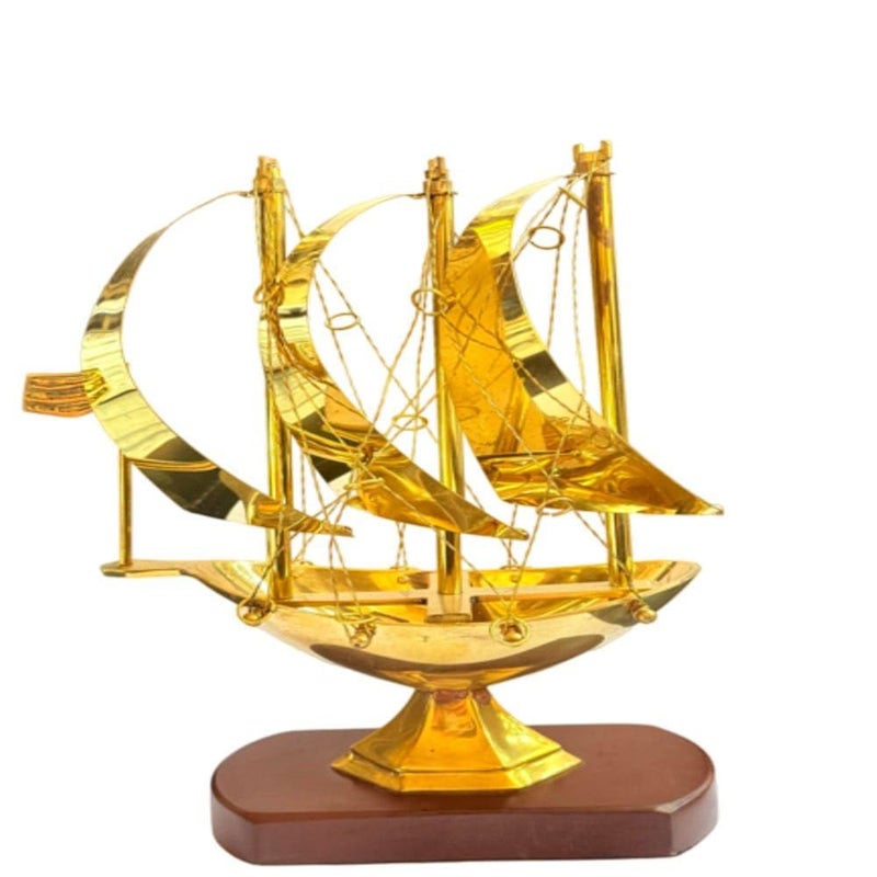 Decorative Brass Ship Model with Wooden Base Maritime Nautical Desk Decor  - Image 4