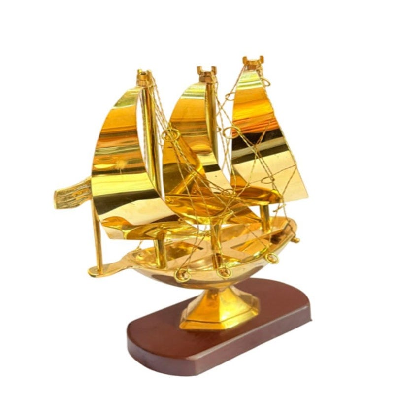 Decorative Brass Ship Model with Wooden Base Maritime Nautical Desk Decor  - Image 1