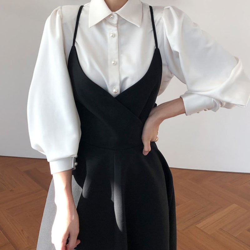 Korean Chic Lantern Sleeve Shirt  Bow-Back Dress Set Slip Skirt - Image 2