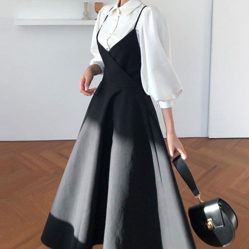Korean Chic Lantern Sleeve Shirt  Bow-Back Dress Set Slip Skirt - Image 4