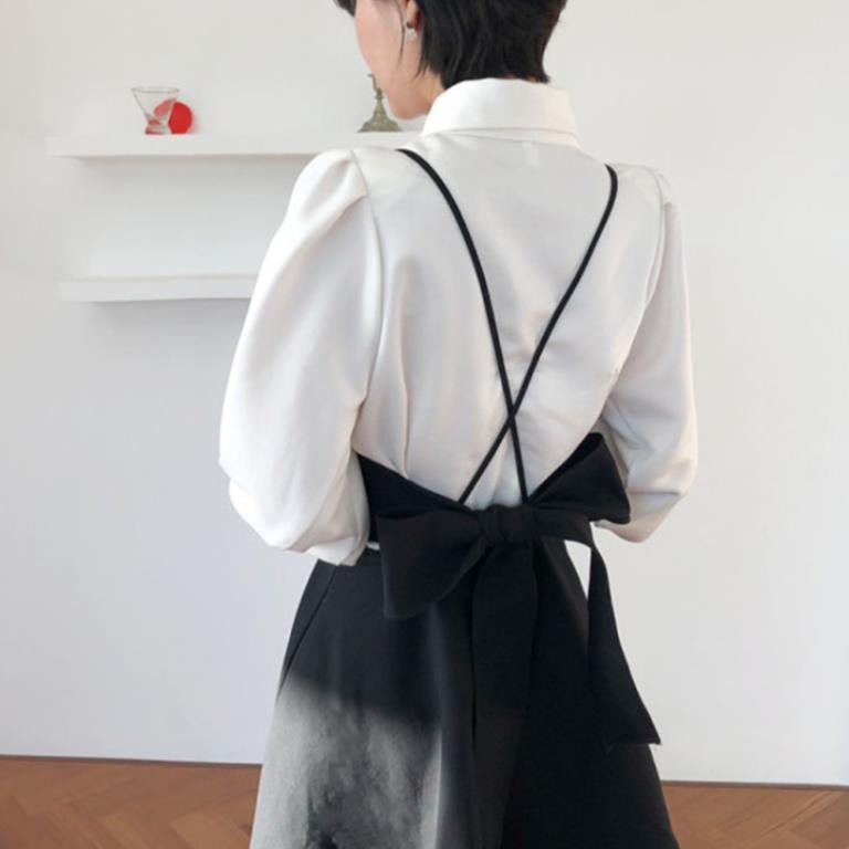 Korean Chic Lantern Sleeve Shirt  Bow-Back Dress Set Slip Skirt - Image 5