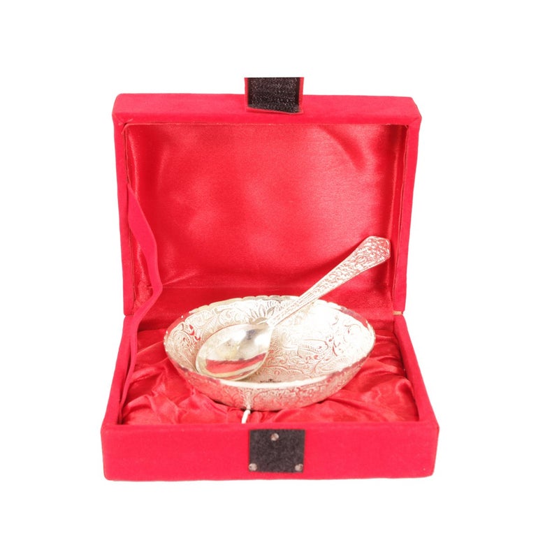 INDIAN ART VILLA Silver Plated Designer Bowl with Spoon Deep Dish Dry Fruit Desert Ice Cream Home Hotel Restaurant Diwali Gift Item - Image 1