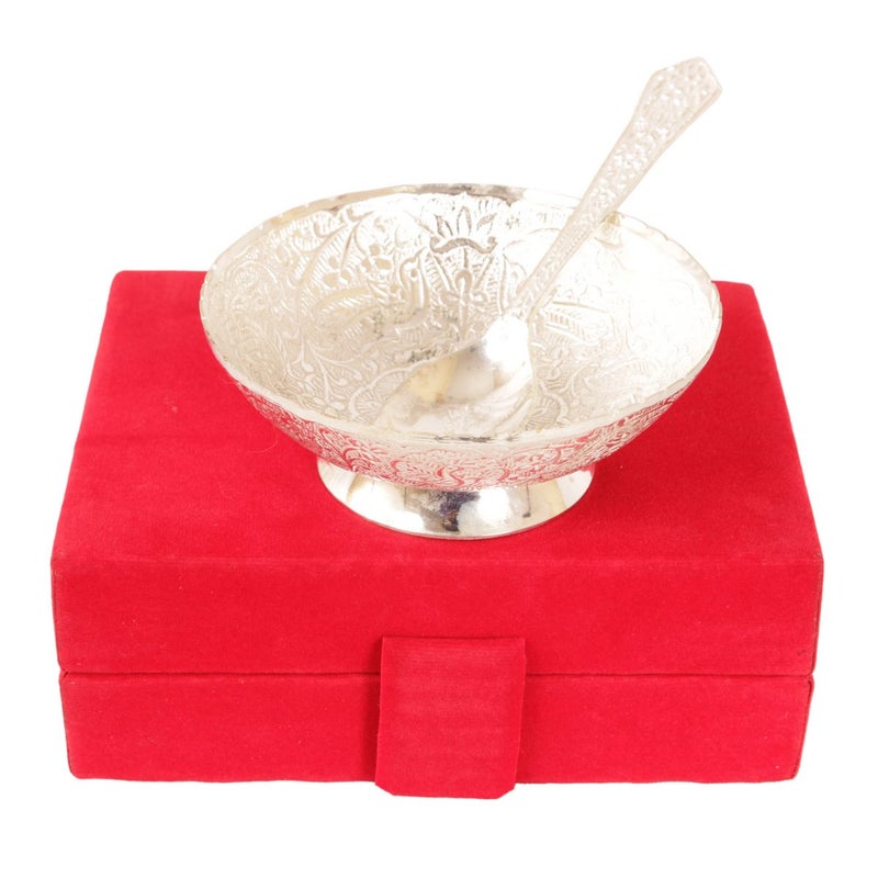 INDIAN ART VILLA Silver Plated Designer Bowl with Spoon Deep Dish Dry Fruit Desert Ice Cream Home Hotel Restaurant Diwali Gift Item - Image 2