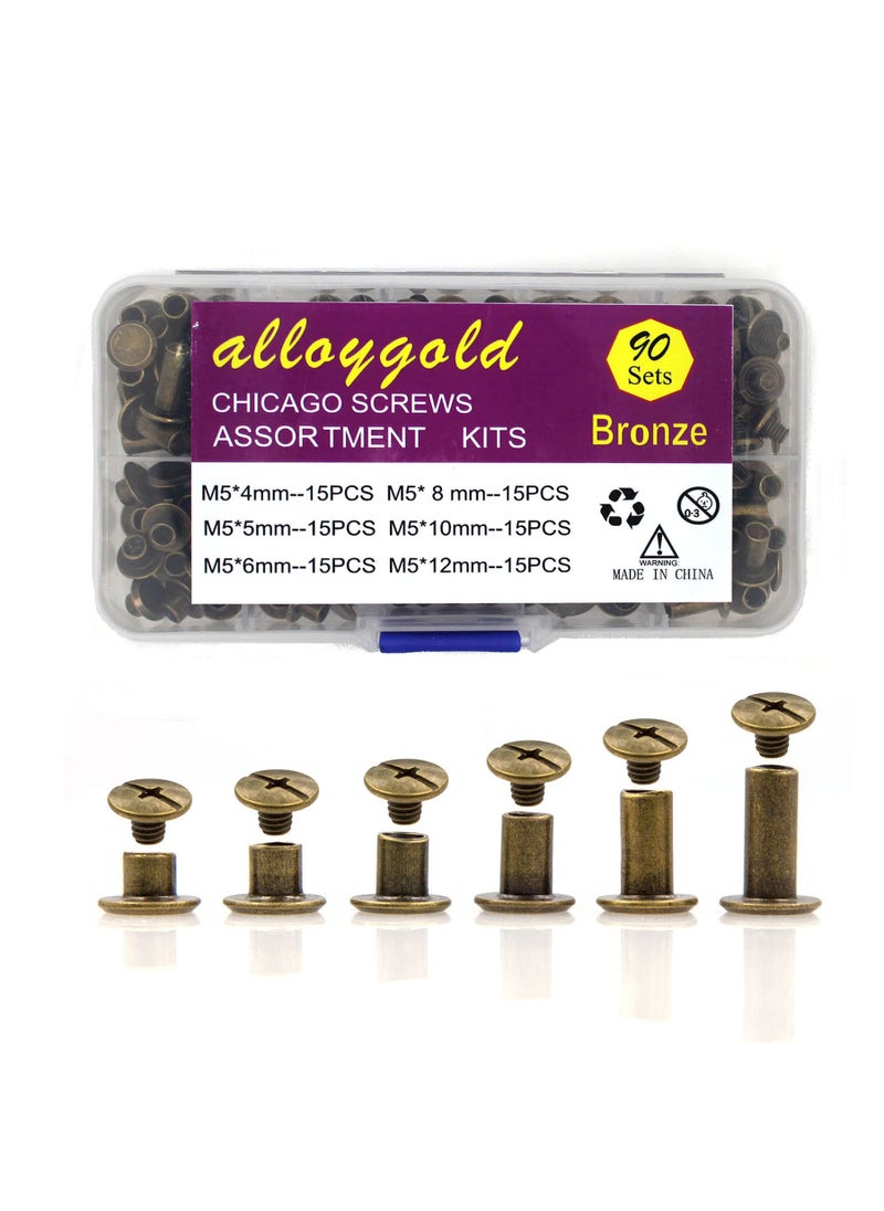 Alloygold 90 Sets Bronze Chicago Screws Leather Assorted Kit 6 Sizes of Screw Rivets for Leather Rivet for DIY Leather Craft and Bookbinding M5 X 4 5 6 8 10 12 