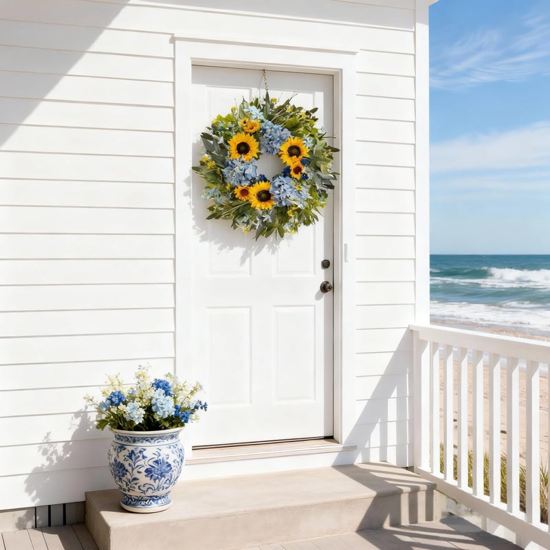 HipTree 24 Inch Spring Summer Wreath for Front Door,Handmade Yellow Blue Silk Hydrangeas & Sunflowers Floral Wreath for Valentines Day Decorations,Mothers Day,Farmhouse,Indoor Outdoor and Wall Decor - Image 4