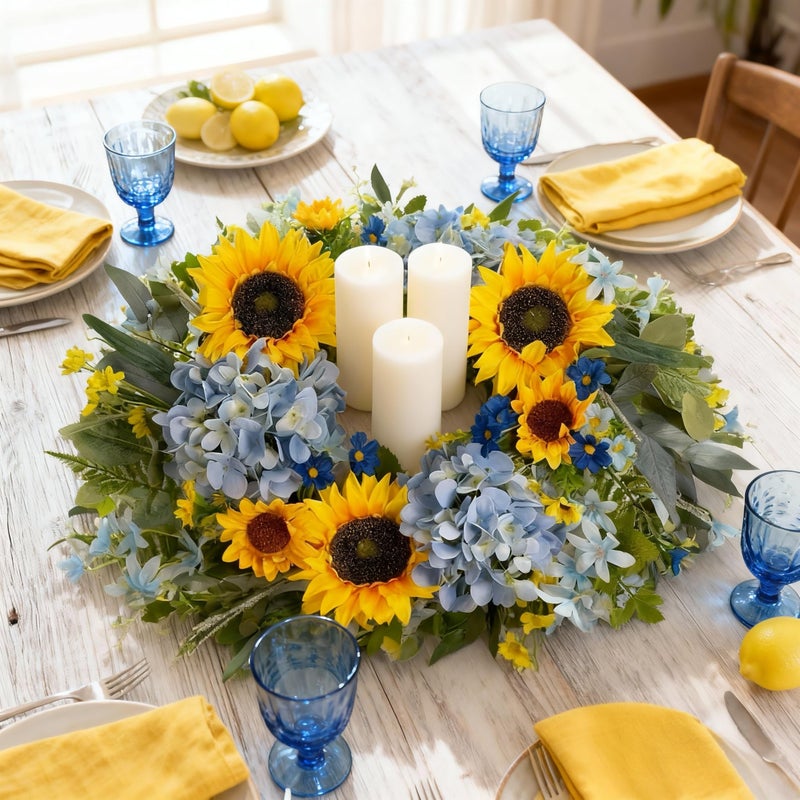 HipTree 24 Inch Spring Summer Wreath for Front Door,Handmade Yellow Blue Silk Hydrangeas & Sunflowers Floral Wreath for Valentines Day Decorations,Mothers Day,Farmhouse,Indoor Outdoor and Wall Decor - Image 3