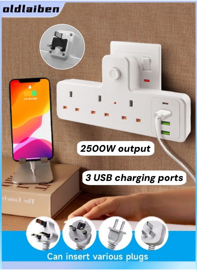 oldlaiben Power Strip,3 In 1 Wireless Socket,Outlet Extender,3 Widely Outlets With 3 Usb Ports, Flat Plug, Wall Mount, Desk USB Charging Station,2500w,For Office, Dorm,Bedroom(White)  - Image 1