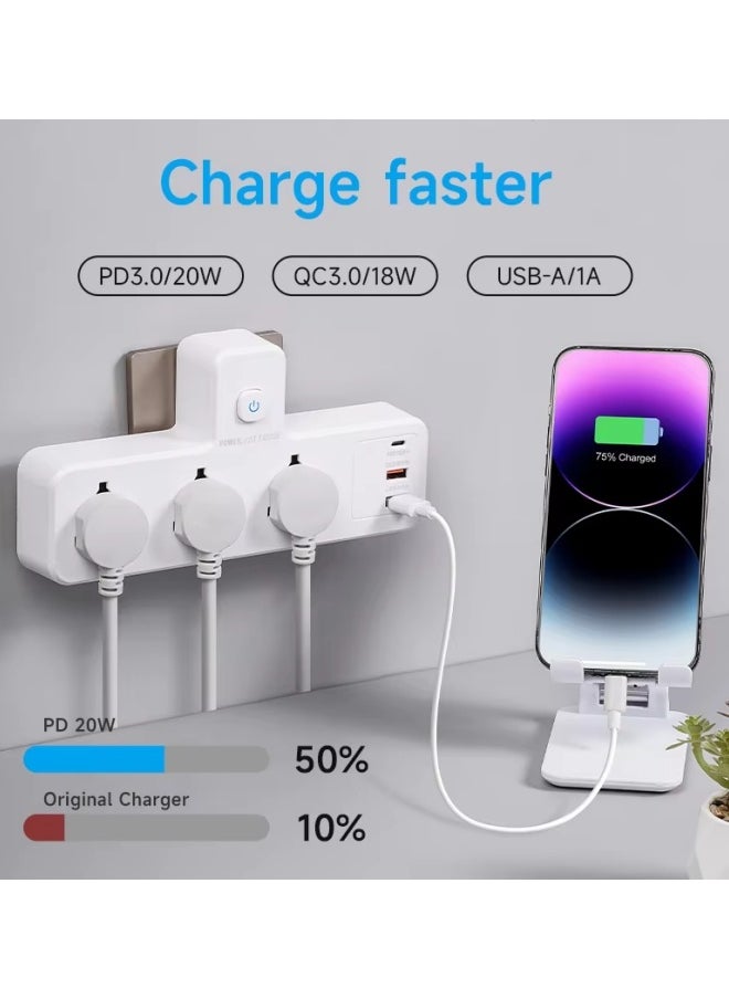 oldlaiben Power Strip,3 In 1 Wireless Socket,Outlet Extender,3 Widely Outlets With 3 Usb Ports, Flat Plug, Wall Mount, Desk USB Charging Station,2500w,For Office, Dorm,Bedroom(White)  - Image 5