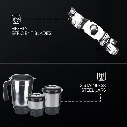 Judge by Prestige 500 Watts ACE Mixer Grinder with 3 Stainless Steel Jars| 3 Efficient Stainless Steel blades| Overload Protector| Sturdy Handles| Black - Image 4