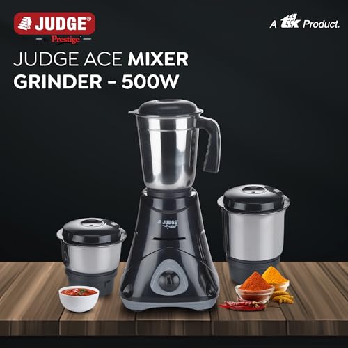 Judge by Prestige 500 Watts ACE Mixer Grinder with 3 Stainless Steel Jars| 3 Efficient Stainless Steel blades| Overload Protector| Sturdy Handles| Black - Image 2