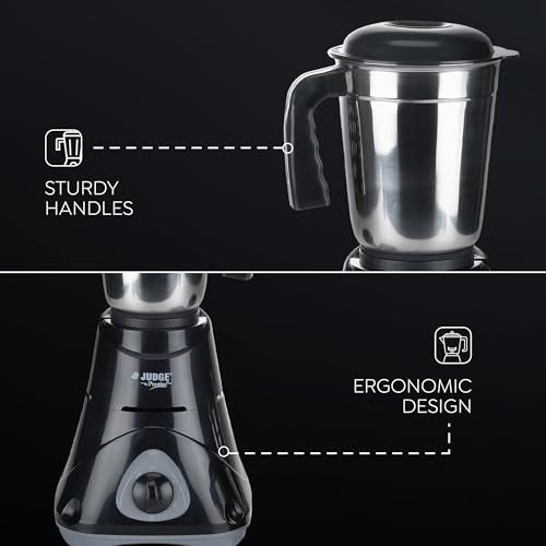 Judge by Prestige 500 Watts ACE Mixer Grinder with 3 Stainless Steel Jars| 3 Efficient Stainless Steel blades| Overload Protector| Sturdy Handles| Black - Image 3