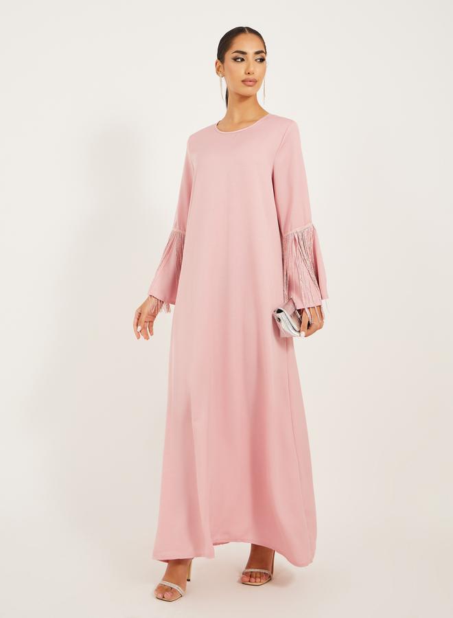 Styli matte satin jalabiya with tassel trims at sleeve hem  - Image 1
