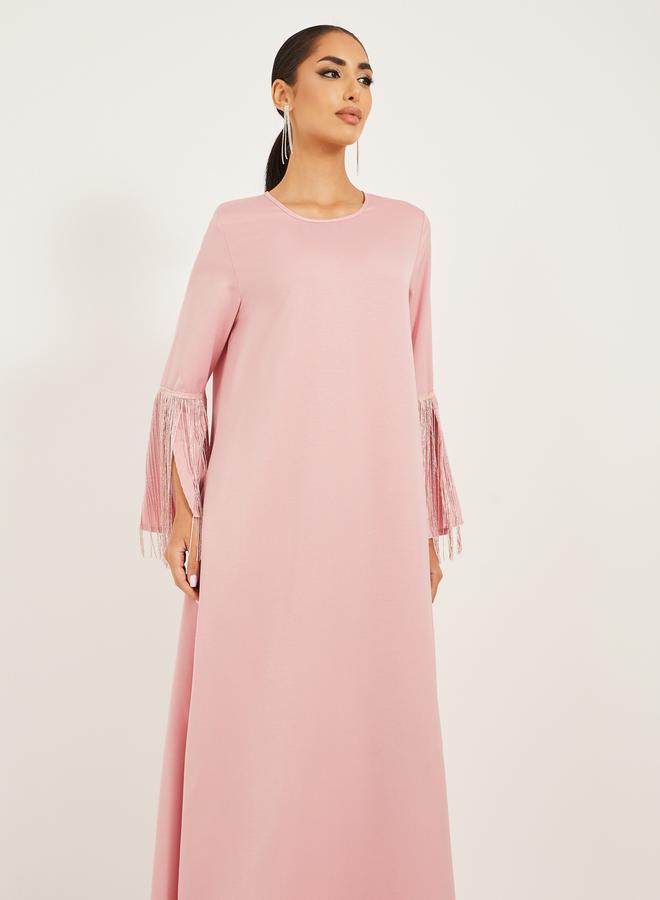 Styli matte satin jalabiya with tassel trims at sleeve hem  - Image 3