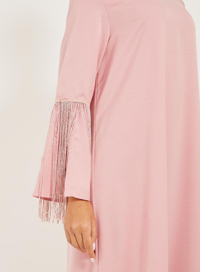 Styli matte satin jalabiya with tassel trims at sleeve hem  - Image 4