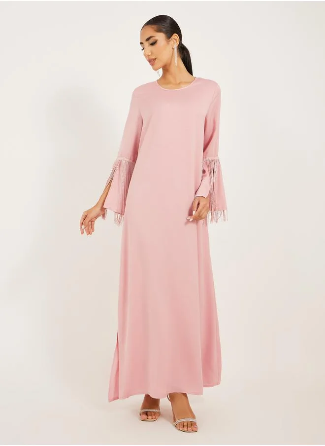 Styli matte satin jalabiya with tassel trims at sleeve hem