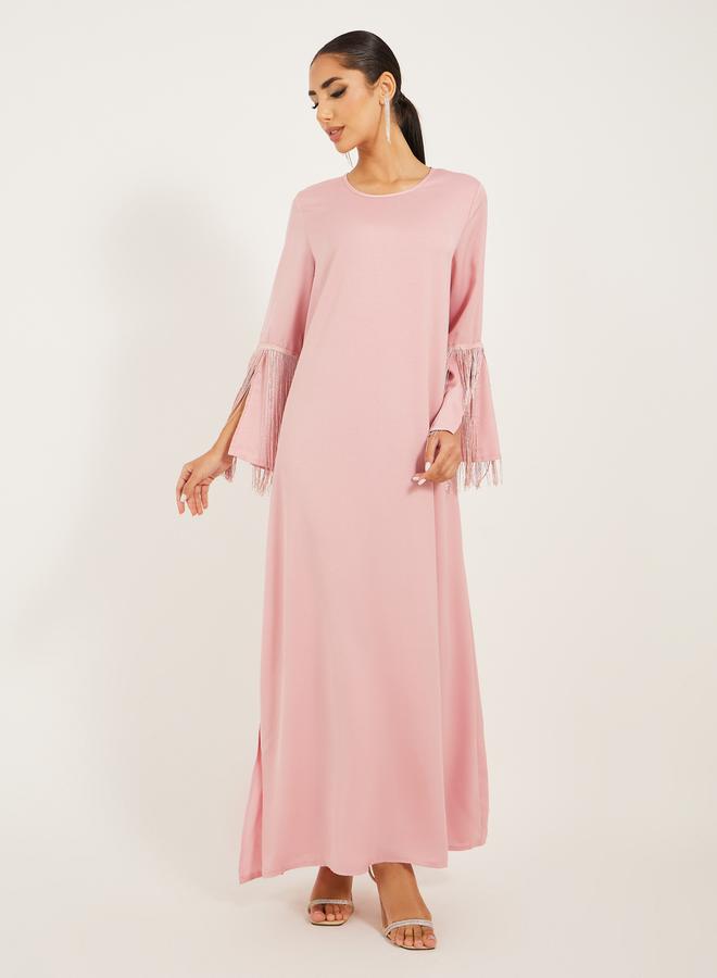 Styli matte satin jalabiya with tassel trims at sleeve hem  - Image 2