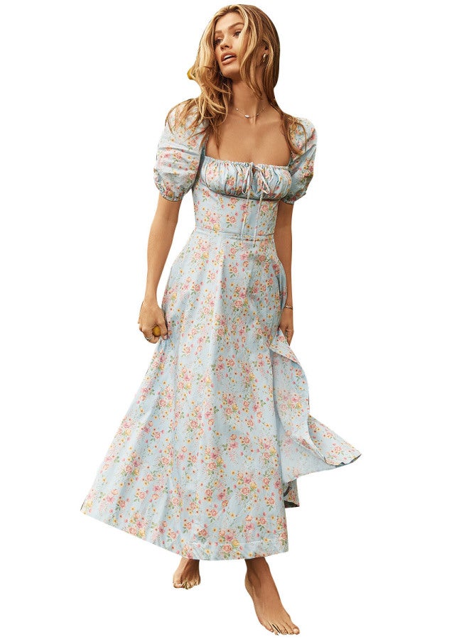 New Women's Fashion Summer Hot Style Puff Sleeve Floral Print Tie High Slit Long Dress, Women's Summer Dress - Image 1