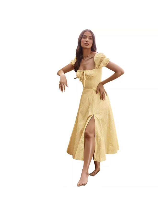 New Women's Fashion Summer Hot Style Puff Sleeve Floral Print Tie High Slit Long Dress, Women's Summer Dress - Image 5