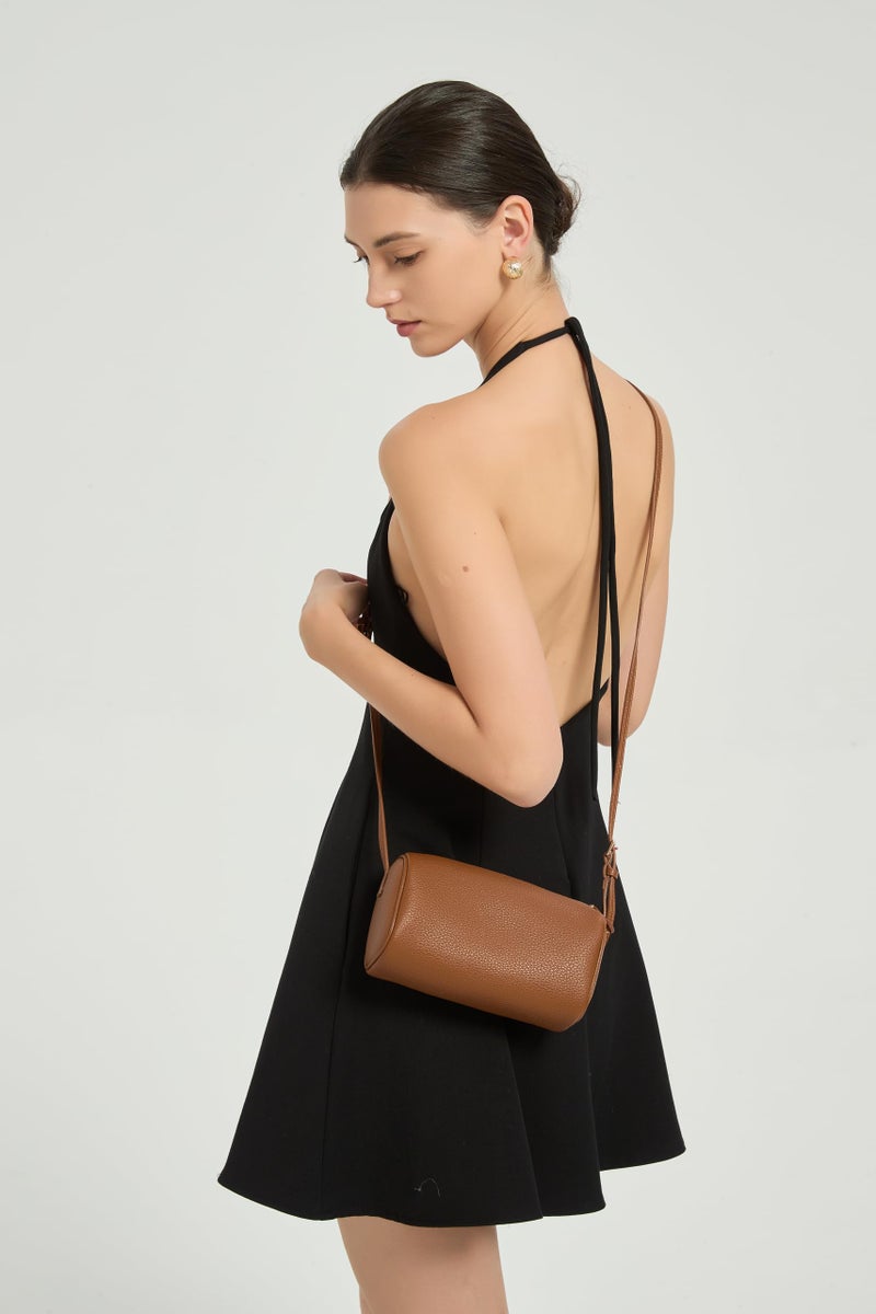 Party Hobo Crossbody Bags For Women,Vegan Leather Barrel Bag For Ladies,Designer Mini Pruse With Adjustable Strap,Brown - Image 3