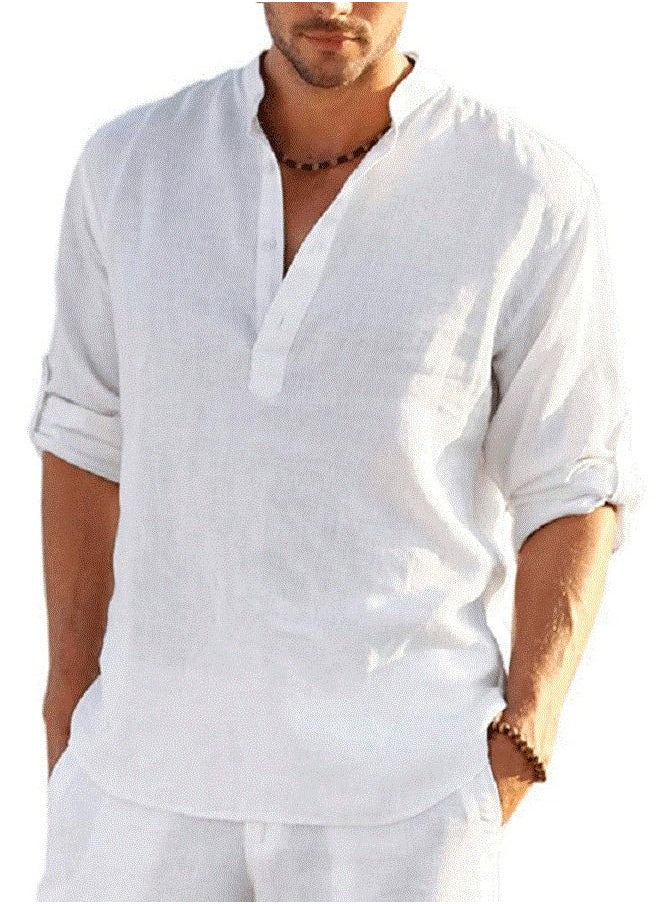 Loquat - Men's Long Sleeve Loose Solid Color Linen Shirt White - Image 1