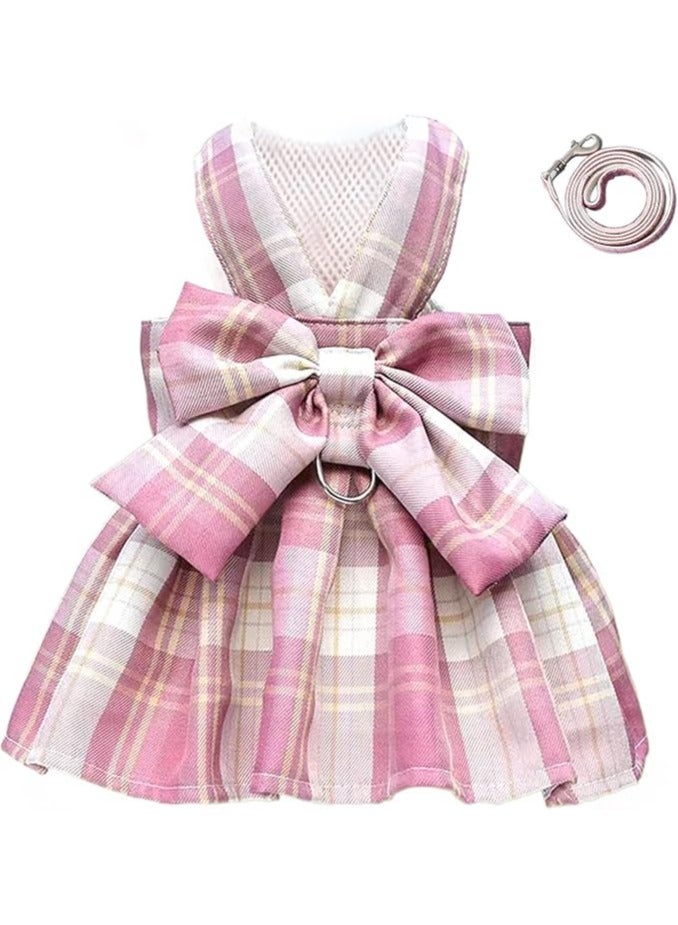 erorex Dog Clothes for Small Dogs Girl, Plaid Dog Dress Bow Tie Harness Leash Set, Puppy Cute Bow Skirt, Pet Outfits with Leash Ring,XS M Pet Skirt(Pink,M)  - Image 1