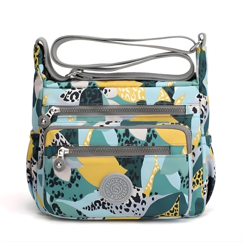 TS WITH TECHSUN Women’s Crossbody Sling Bag For Everyday Use, Nylon Shoulder Bag with Zipper Pockets, Adjustable Strap, Water Resistant Handbag for Travel, Shopping (Teal Green with Multicolor Print) - Image 1