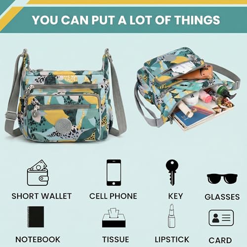 TS WITH TECHSUN Women’s Crossbody Sling Bag For Everyday Use, Nylon Shoulder Bag with Zipper Pockets, Adjustable Strap, Water Resistant Handbag for Travel, Shopping (Teal Green with Multicolor Print) - Image 5