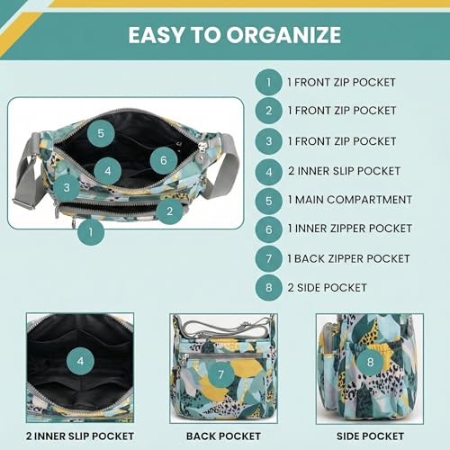 TS WITH TECHSUN Women’s Crossbody Sling Bag For Everyday Use, Nylon Shoulder Bag with Zipper Pockets, Adjustable Strap, Water Resistant Handbag for Travel, Shopping (Teal Green with Multicolor Print) - Image 3