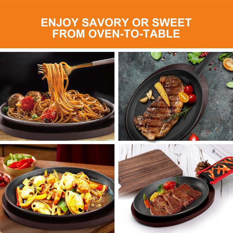 DVK Sizzling Plate with Wooden Base Fajita Skillet with Scald Protection Hot Mitt Cast Iron Plate for Home Barbeque Kitchen Service - Image 4