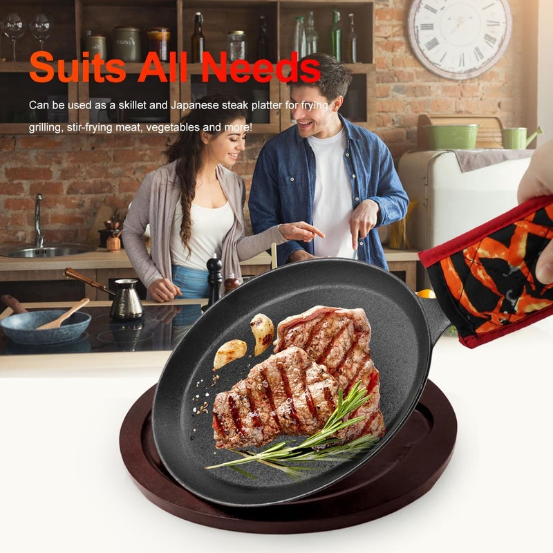 DVK Sizzling Plate with Wooden Base Fajita Skillet with Scald Protection Hot Mitt Cast Iron Plate for Home Barbeque Kitchen Service - Image 5