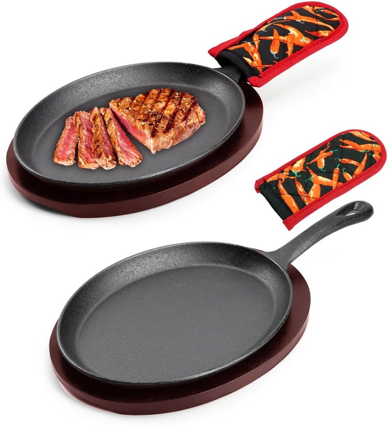 DVK Sizzling Plate with Wooden Base Fajita Skillet with Scald Protection Hot Mitt Cast Iron Plate for Home Barbeque Kitchen Service - Image 1